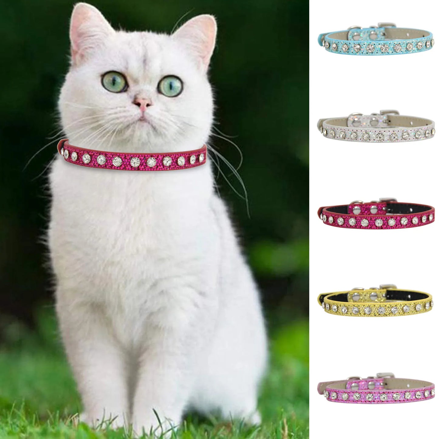 **Bling Cat Collars with Rhinestones 💎🐱 | Adjustable PU Leather, Personalized with Name & Number Engraving**